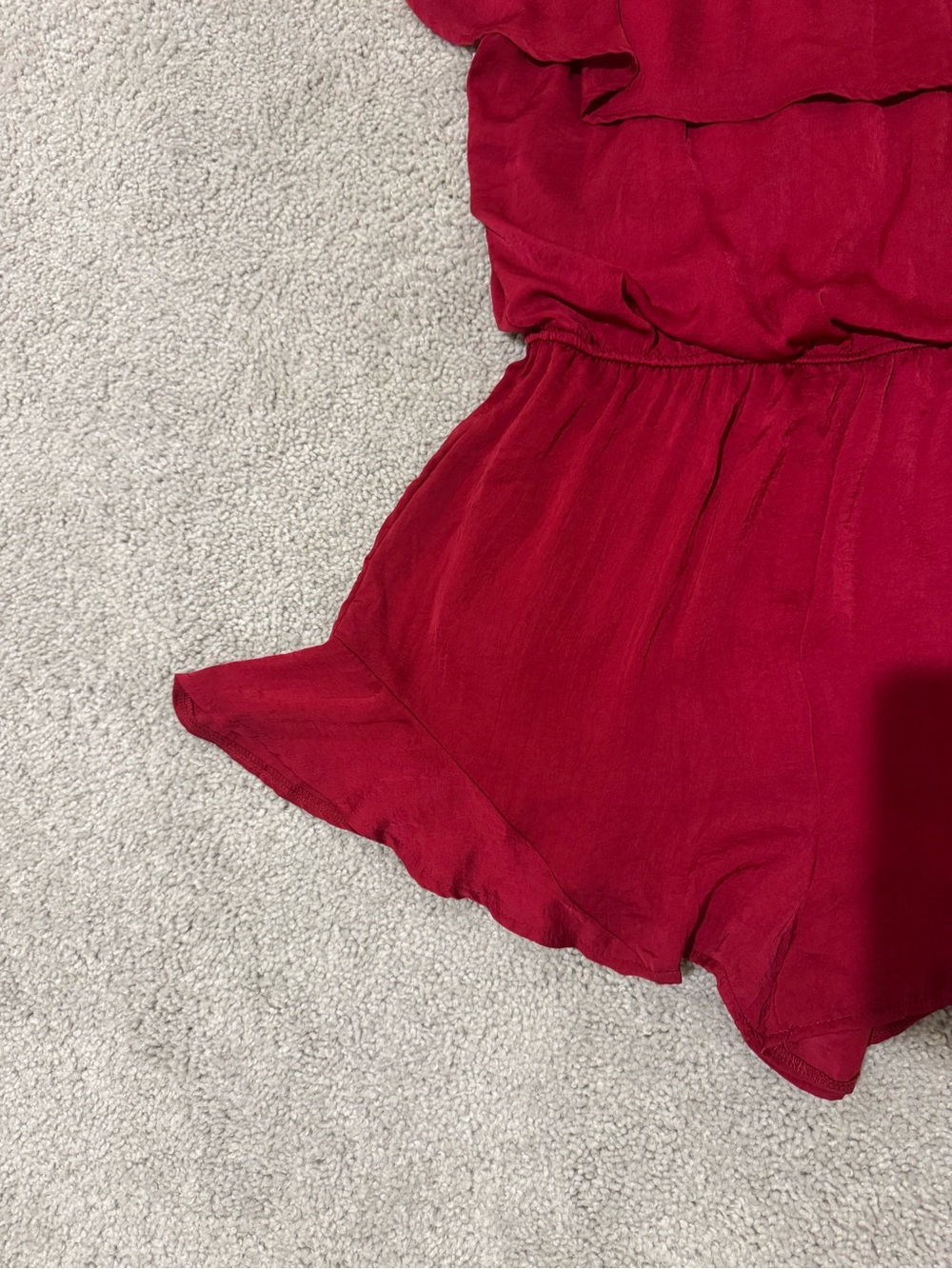 She + Sky Deep Red Off-Shoulder Ruffle Romper - Picture 3 of 6